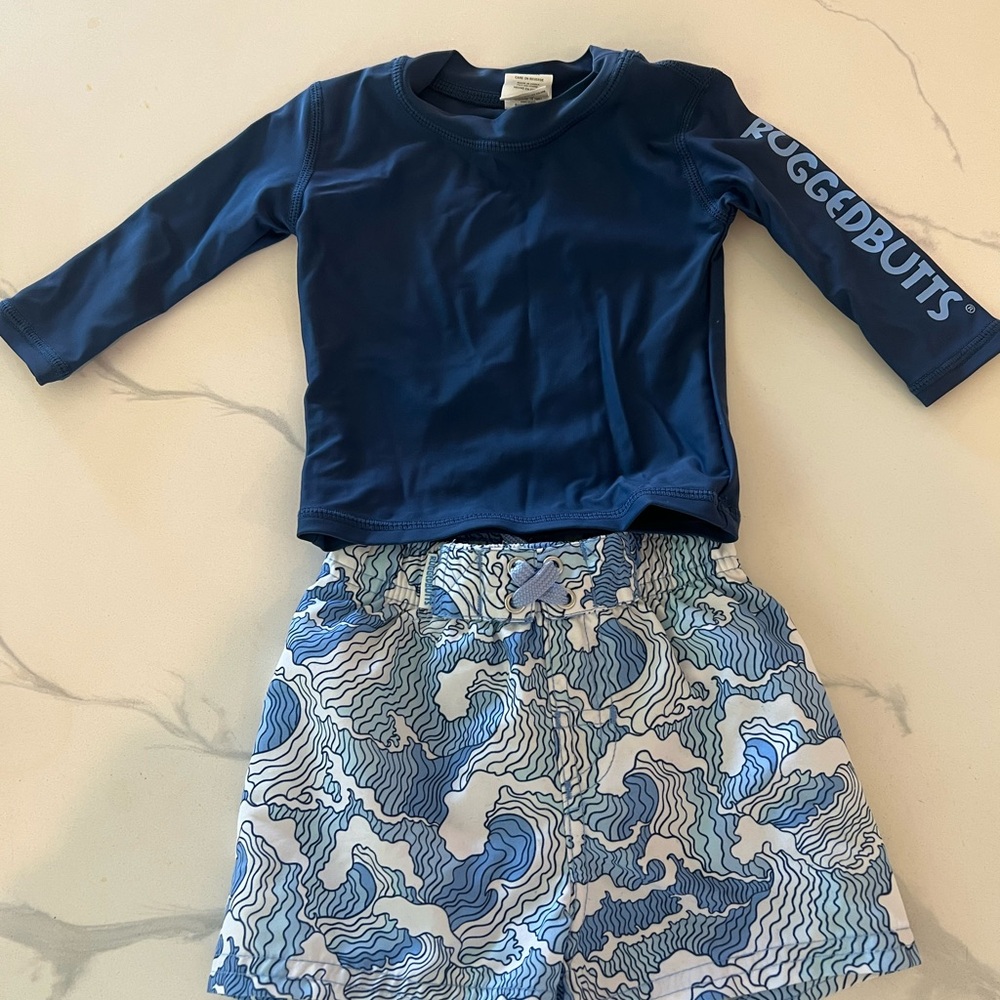 Navy Long Sleeve Swim Shirt and Blue Wave Shorts
